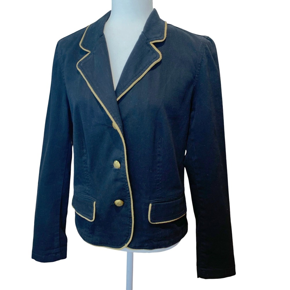LRL Lauren Jeans Co Blazer Women 12 Black Gold Trim Nautical Preppy Y2K